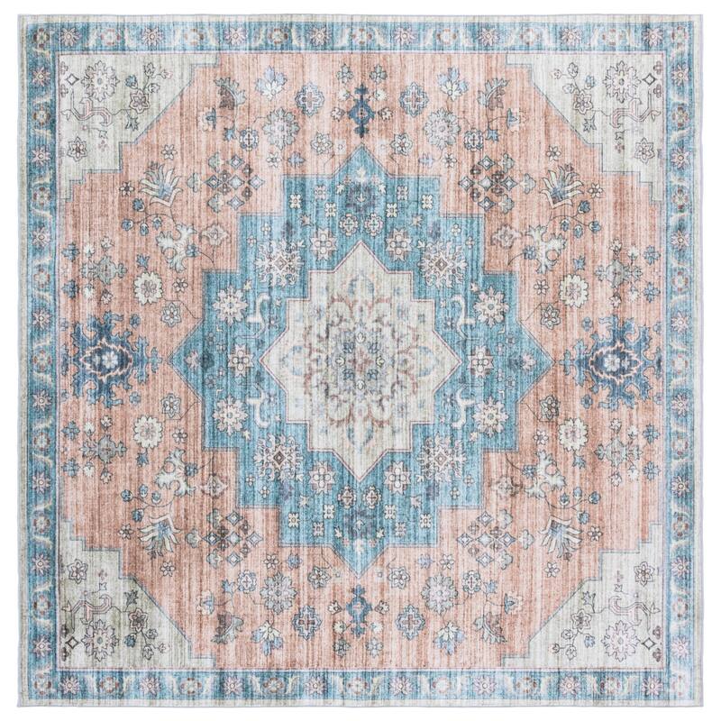 SAFAVIEH Arizona Aureliana Machine Washable & Slip Resistant Rug - Light Brown/Teal - 6' Square