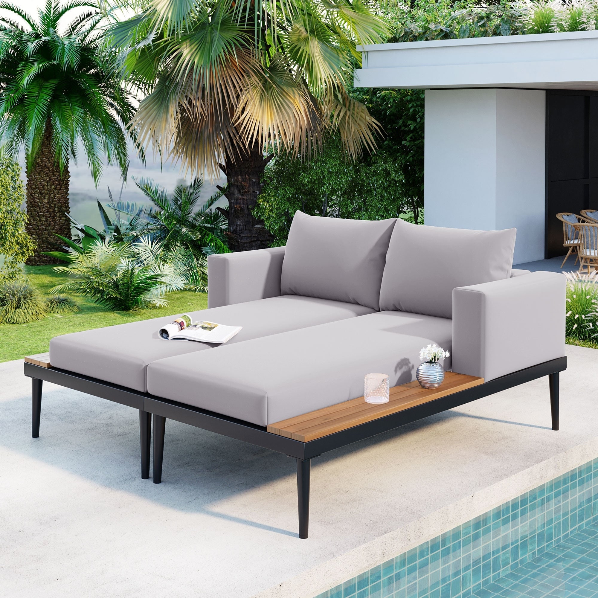 Outdoor Patio Metal Daybed with Wood Topped Side Spaces 2 in 1 Padded Chaise Lounges for Poolside
