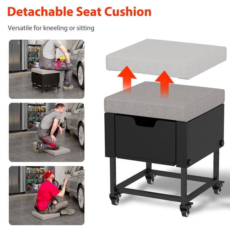 Garage Tool Stool on Wheels,Toolbox stool,Height-Adjustable,Detachable Seat,Storage Drawer