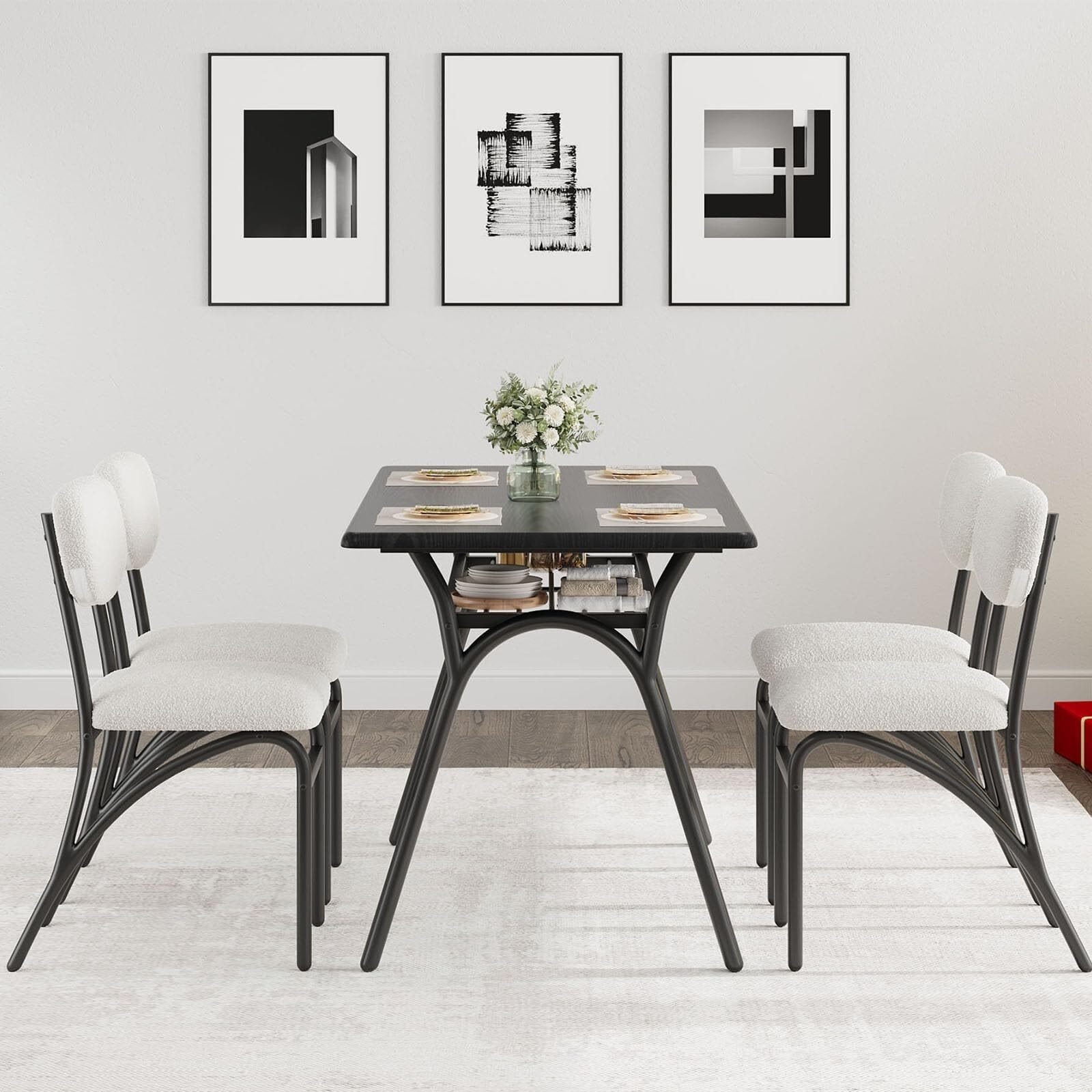 Kitchen Table with Boucle Chairs for 4,Dining Table Set for 4