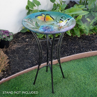 Alpine Corporation 18" Glass Birdbath Topper with Colorful Butterfly and Flowers