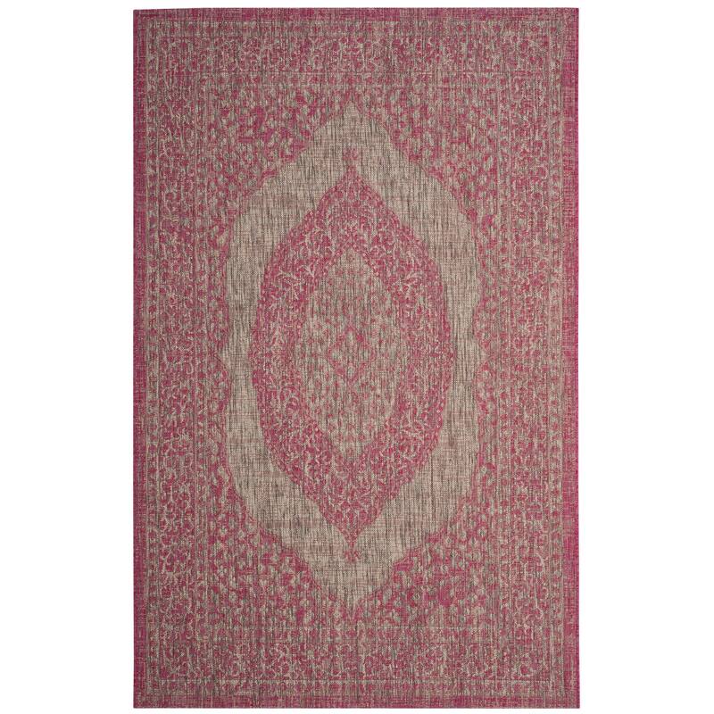 SAFAVIEH Courtyard Thoma Medallion Indoor/ Outdoor Waterproof Patio Backyard Rug - 4' x 5'7" - Light Grey/Fuchsia