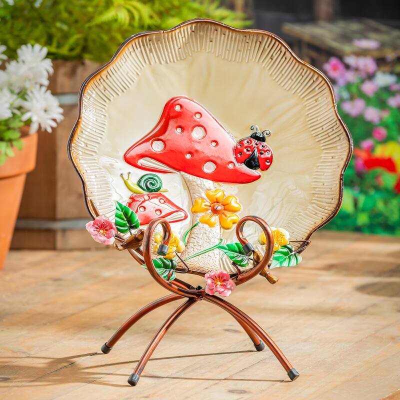 17" Metal Sculpted Edge Bird Bath, Flowers & Mushrooms