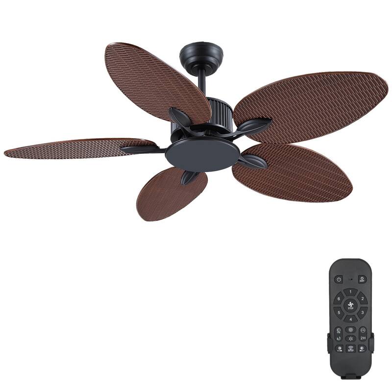 50 Inch Tropical Ceiling Fan with Palm Leaf Blades Glass Cover Remote Control Waterproof for Indoor and Outdoor Patio - Dark Brown-without Light
