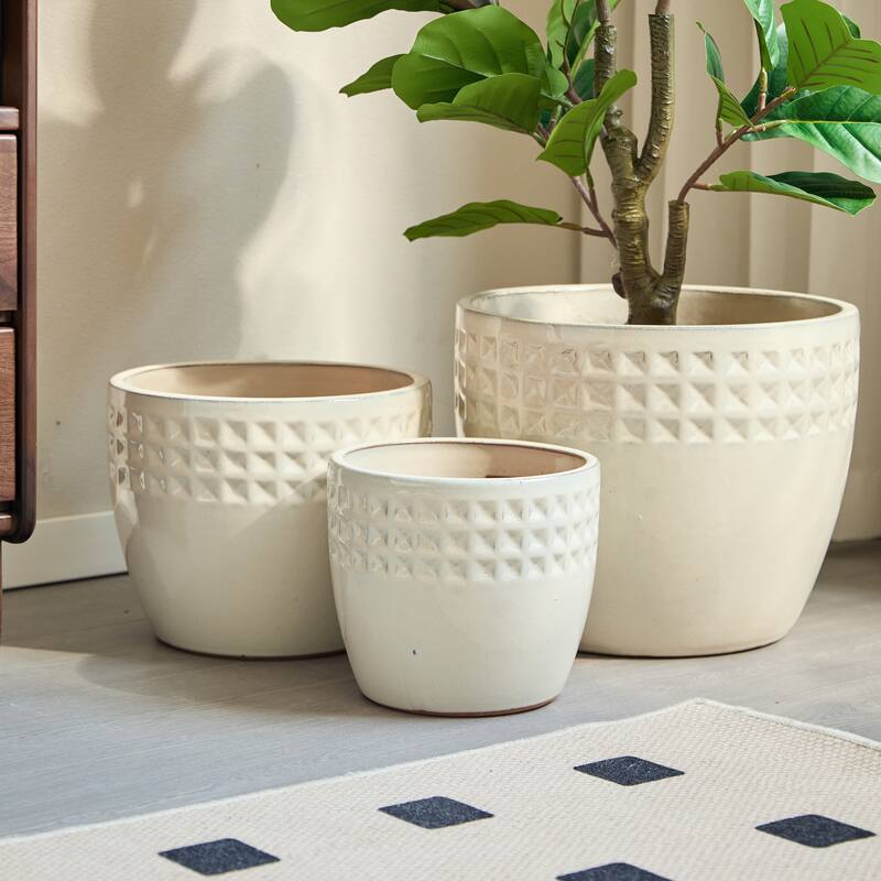 Set of 3 Ceramic Planters Diamond Pattern Plants for Succulents Herbs