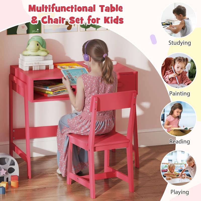 Kids Study Table and Chair Set with Storage Drawer and Hutch and Pine Wood Frame for 3 Over Years Old - 33.5" x 19" x 27.5"