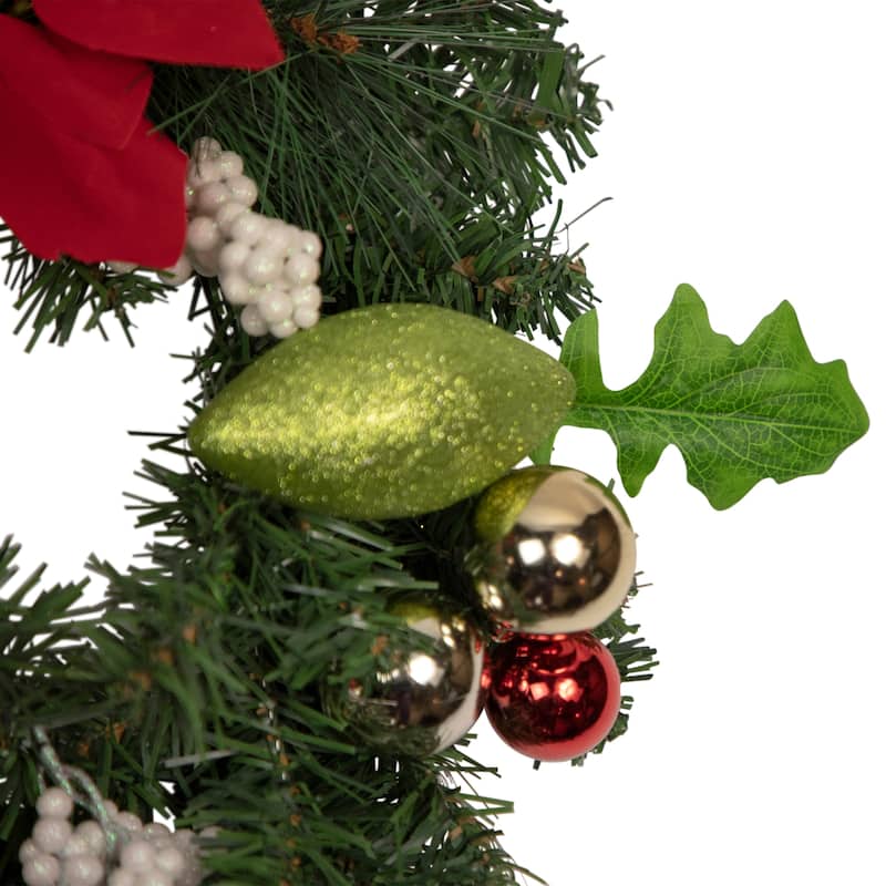 Decorated Red and Green Poinsettia and Pine Artificial Christmas Wreath 24-inch Unlit - 24"