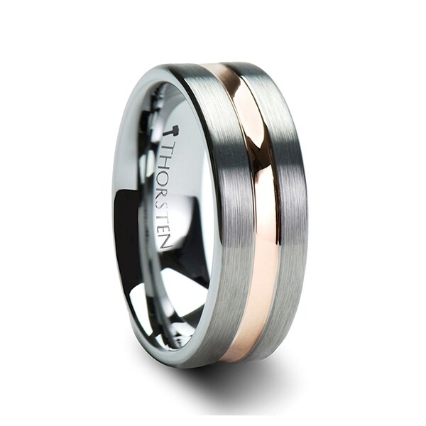 ZEUS Flat Brush Finished Tungsten Carbide Ring with Rose Gold Plated Groove