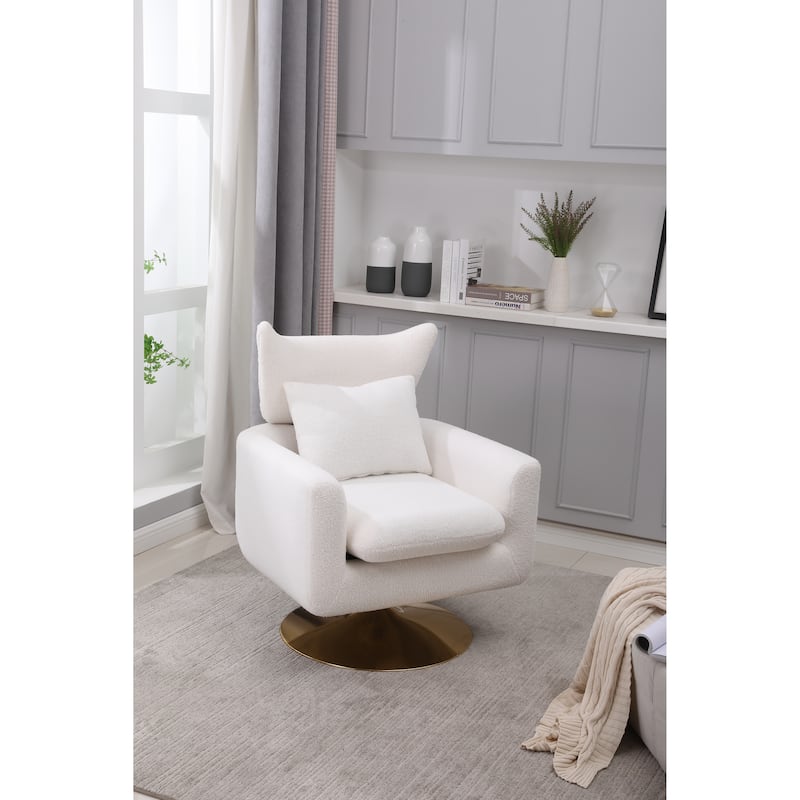 White Modern 29.9" Upholstered 360° Swivel Accent Chair with Iron Base and Pillow