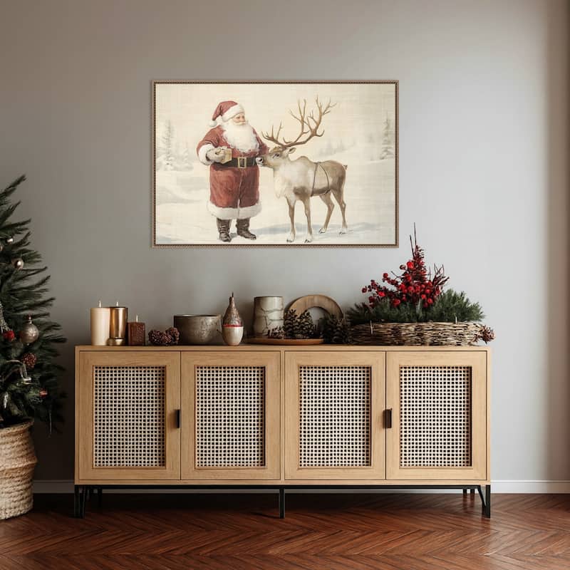Santa Claus with Reindeer in Winter Wonderland by Melloi Art Prints Framed Canvas Wall Art Print - Sylvie Beaded Dark Gold