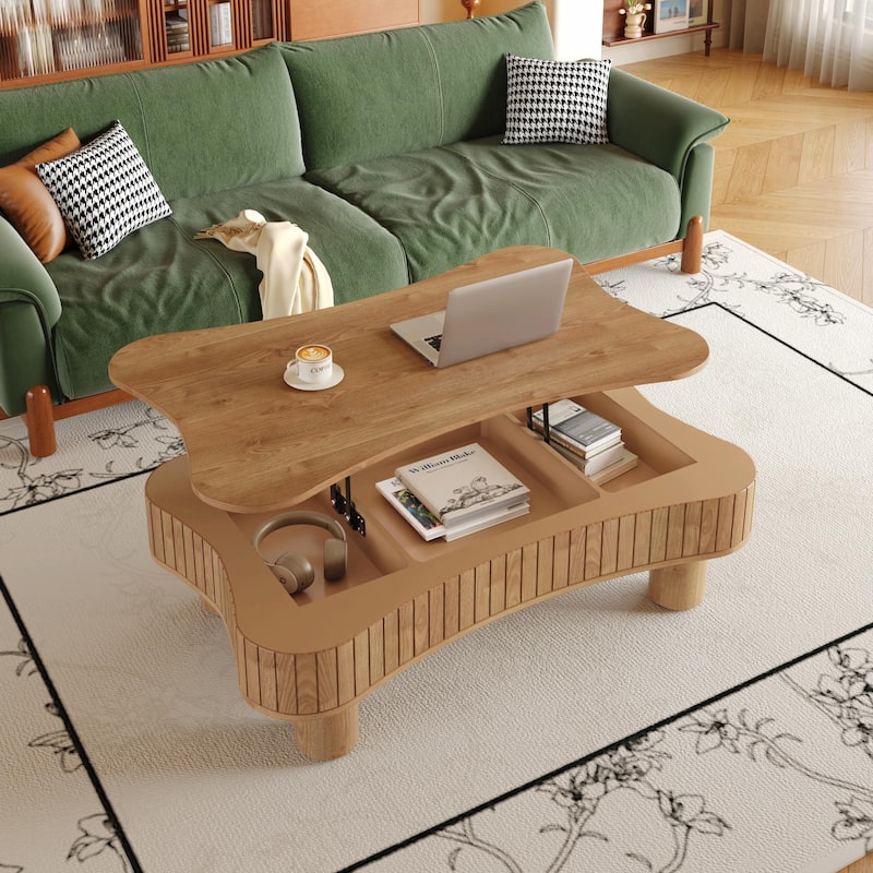42" Lift Top Coffee Table for Living Room - Fluted Panel Hidden Storage with Silent Hydraulic Lift - Light Brown