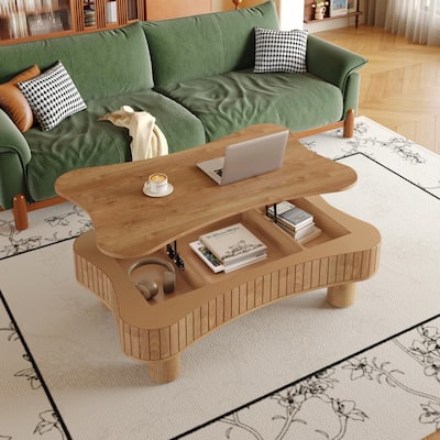 42" Lift Top Coffee Table for Living Room - Fluted Panel Hidden Storage with Silent Hydraulic Lift