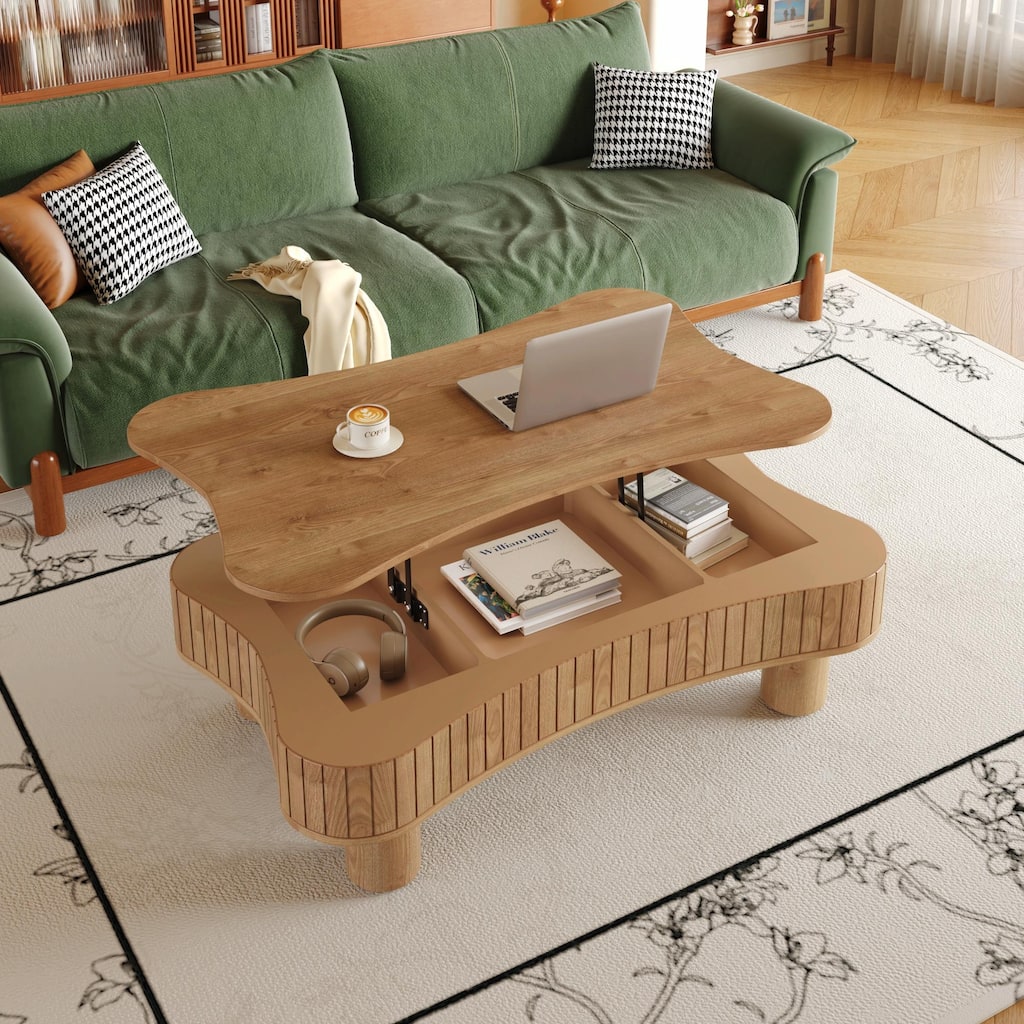 42" Lift Top Coffee Table for Living Room - Fluted Panel Hidden Storage with Silent Hydraulic Lift