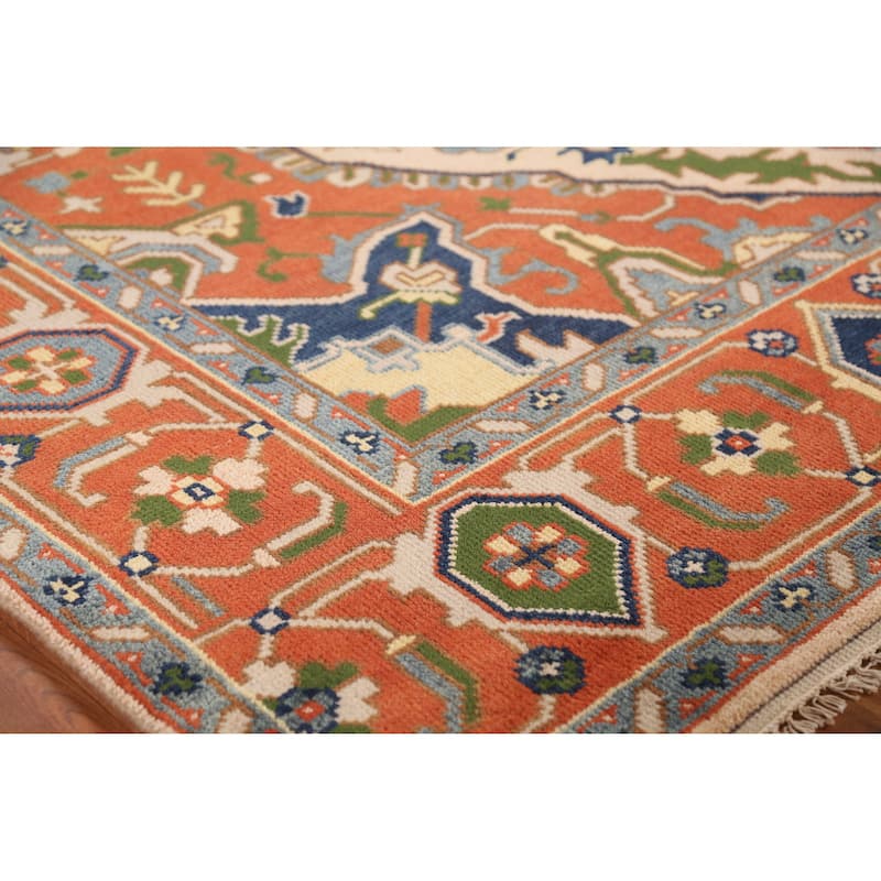 Peach Geometric Heriz Serapi Indian Area Rug Hand-Knotted Wool Carpet - 8'11" x 11'8" - 8'11" x 11'8" - Salmon