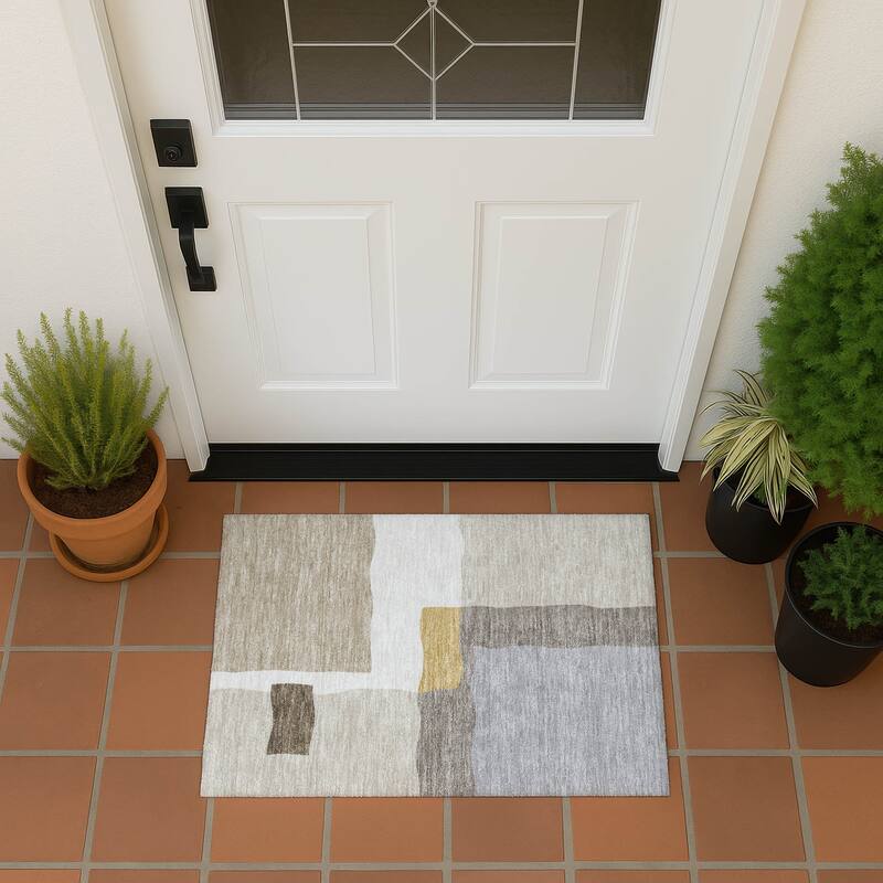 Machine Washable Indoor/ Outdoor Contemporary Blox Chantille Rug - Beige - 1'8" x 2'6"