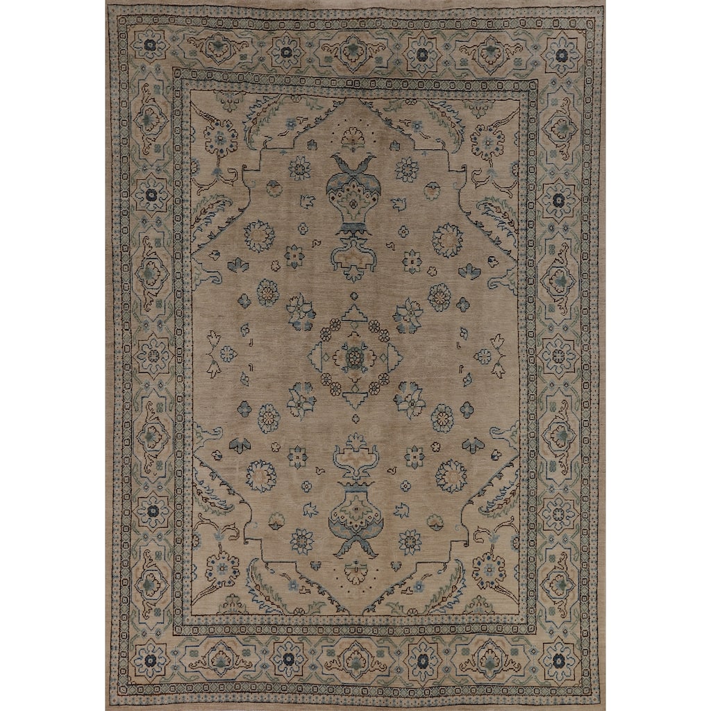Vegetable Dye Oushak Turkish Rug Floral Hand-Knotted Wool Carpet - 7'8"x 9'10"