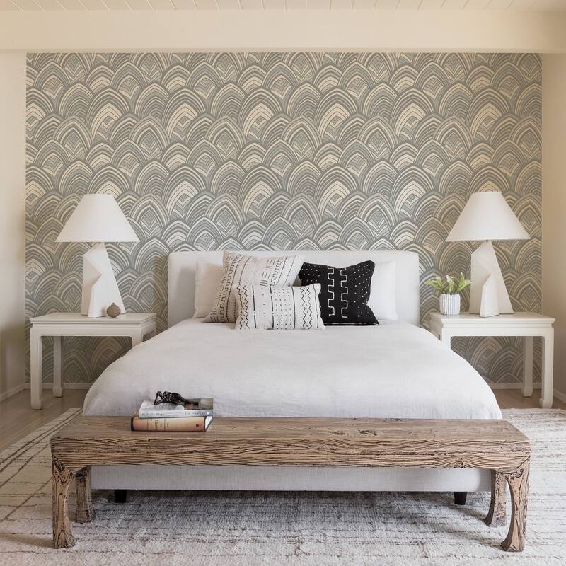 A-Street Prints Cabarita Grey Art Deco Flocked Leaves Wallpaper