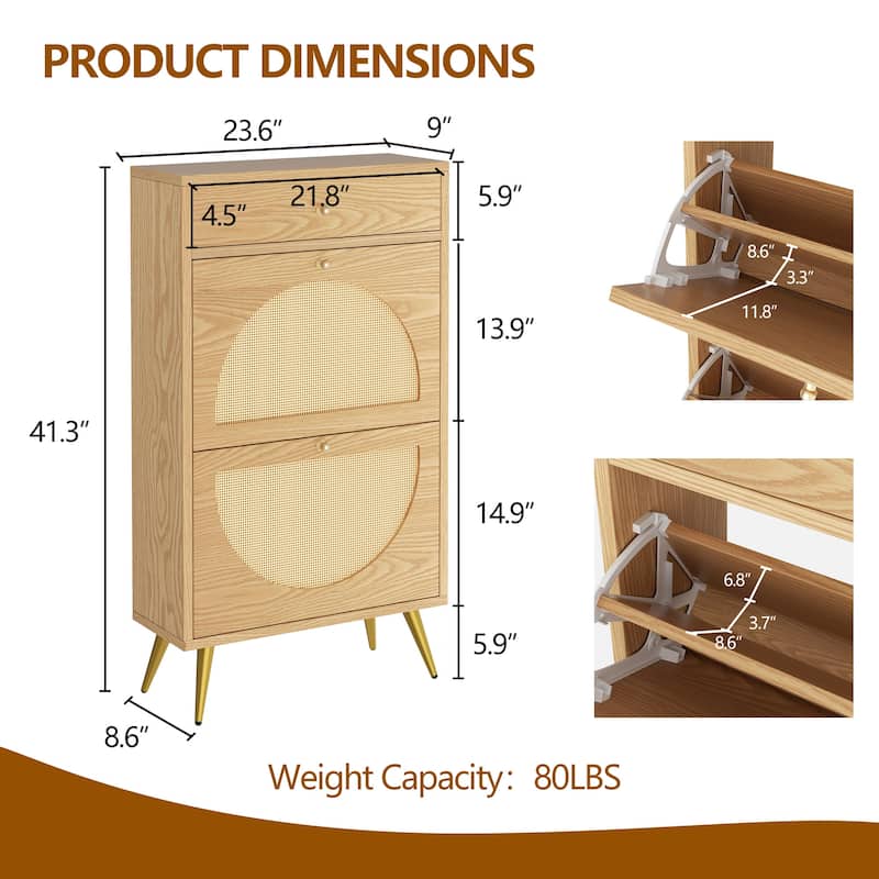 Futzca Shoe Cabinet Rattan, Shoe Storage Cabinet with 2 Flip Drawers