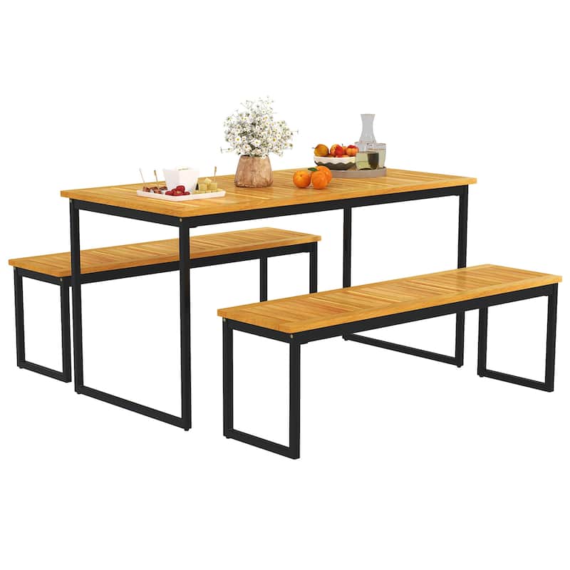 Gymax 3 PCS Outdoor Dining Set for 6 w/Acacia Wood Tabletop Metal - Brown