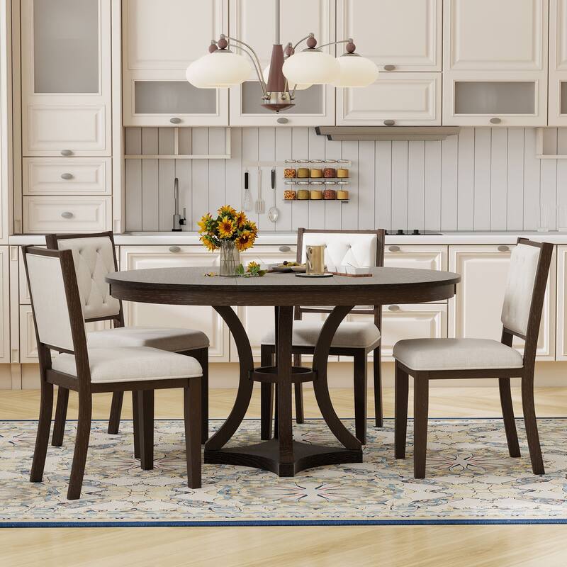 5-Piece Retro Dining Table Set with Extendable Round Table and 4 Upholstered Chairs - Espresso