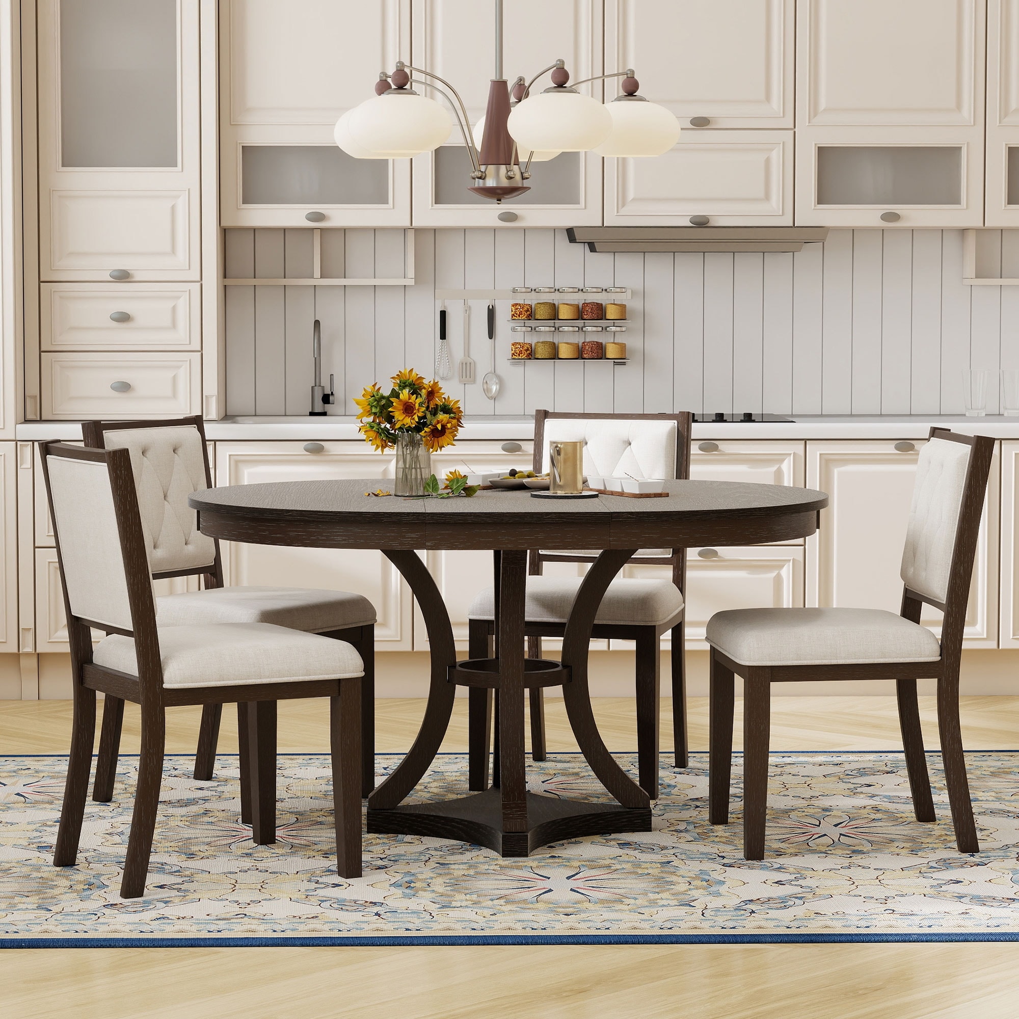 5-Piece Retro Extendable Round Dining Table with 4 Upholstered Chairs