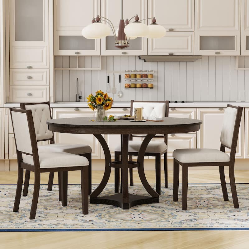 5-Piece Retro Functional Dining Table Set Extendable Round Table and 4 Upholstered Chairs for Dining Room and Living Room - Espresso