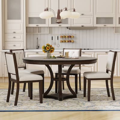 5-Piece Retro Functional Dining Table Set Extendable Round Table and 4 Upholstered Chairs for Dining Room and Living Room