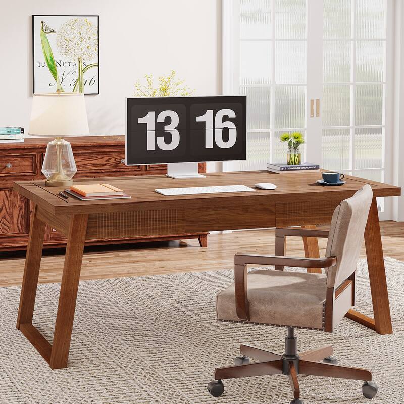 55-In Home Office Executive Desk, Solid Wood Computer Desk with Drawer