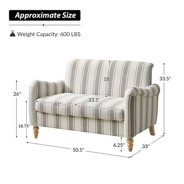 HULALA HOME Adika 51"W Farmhouse Striped Linen Upholstered Loveseat with Solid Wood Spindle Legs