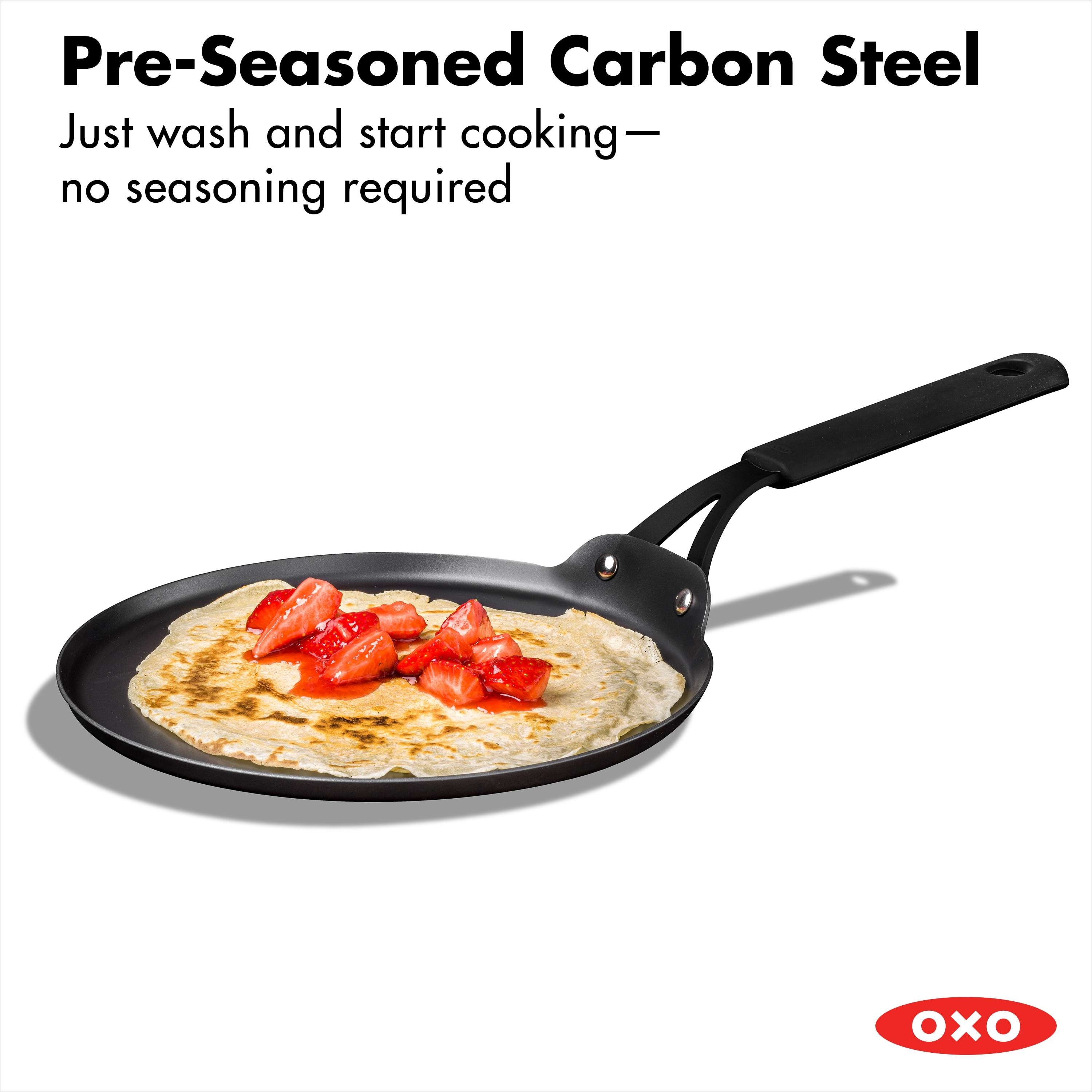 OXO Obsidian Carbon Steel 12 Bbq Fry Pan with Silicone Sleeve Black