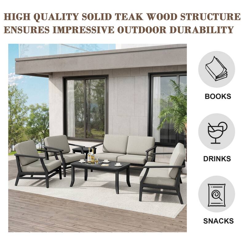 Teak Outdoor Patio Conversation Set with Cushions and Tables (6-Piece)