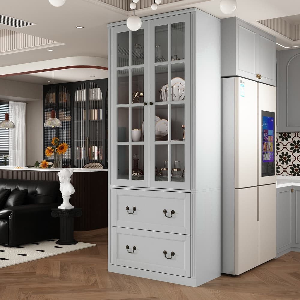 78.7"H Combo Glass Doors Display Cabinet Wooden Bookshelf Organizer