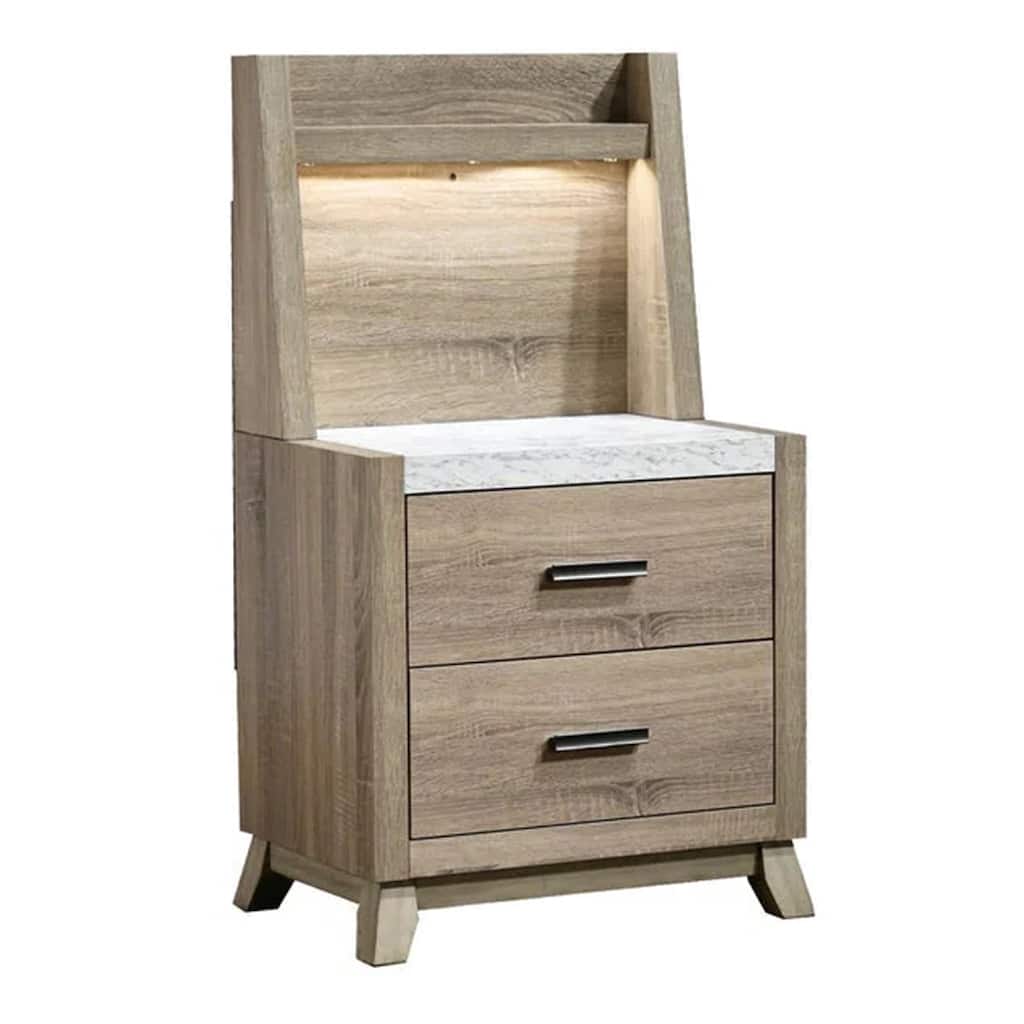 Tily Nightstand w Wall Panel, 2 Drawers, White Faux Stone Top, Brown
