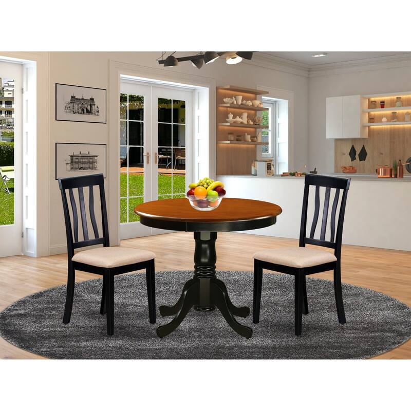 East West Furniture 3 Piece Kitchen Table Set- A Round Dining Room Table and 2 kitchen Chairs, Black & Cherry (Seat Options) - ANTI3-BLK-C