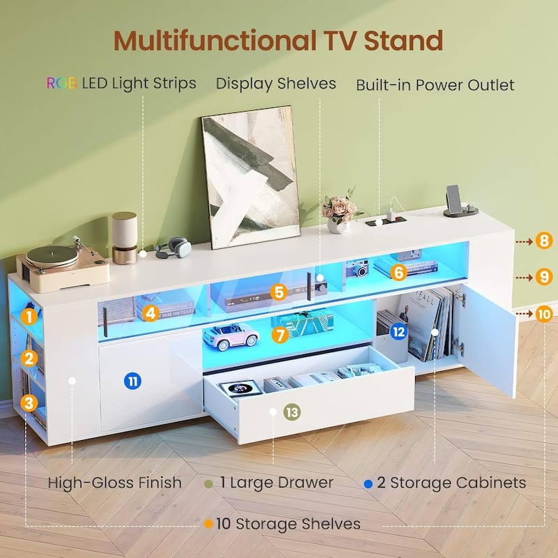 TV Stand for 70/75/80 Inch TV 1 Drawer and 2 Storage Cabinet Power Outlet