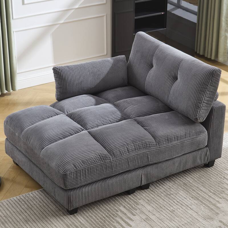 Oversized Corduroy Upholstered Single Chaise Lounge Sofa Couch Switchable Armrest with Cup Holders, USB Ports and Pockets - Grey