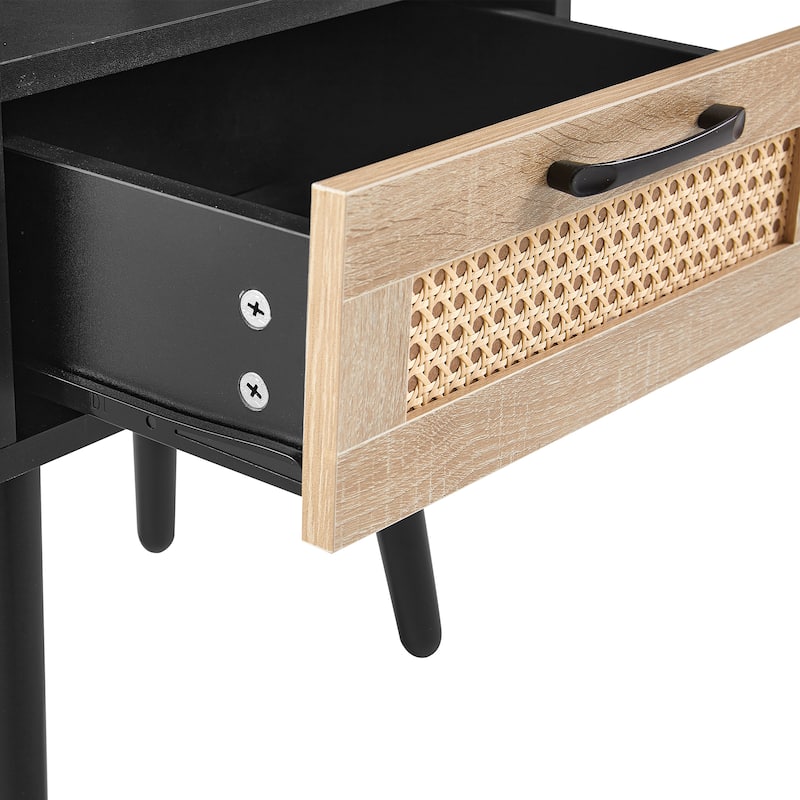 Rattan End Table Modern Black 15.7" Nightstand with Drawer and Solid Wood Legs, Bedroom Floor Organizer Display Cabinets
