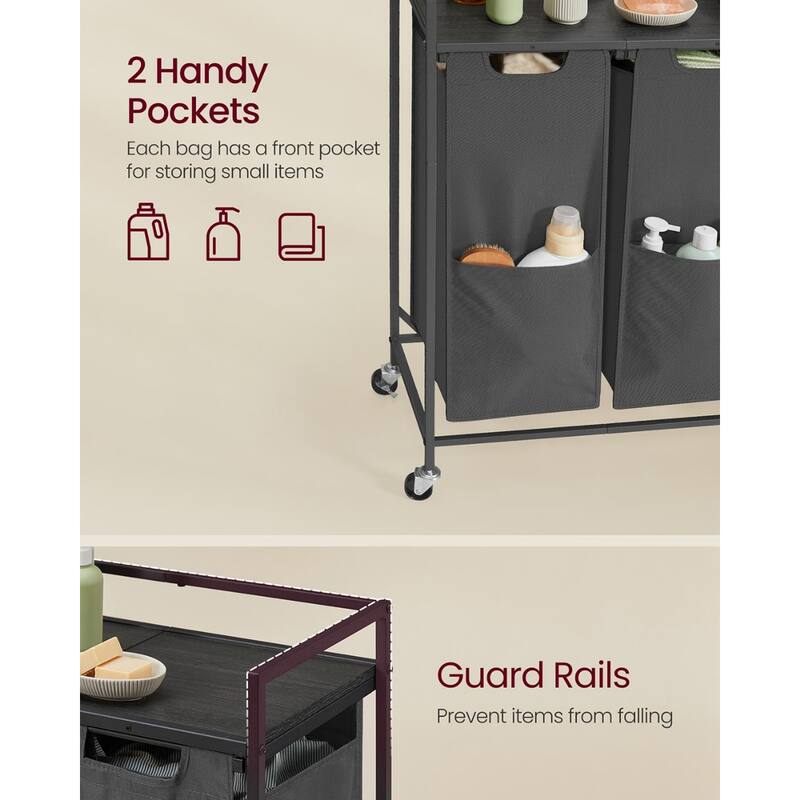 2-Compartment Laundry Hamper with Wheels and Top Organizer Shelf Removable Bags for Clothes and Towels