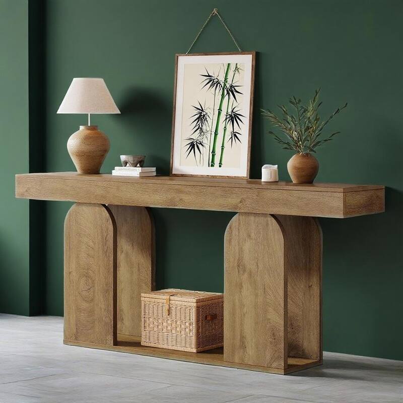 Brown MDF Console Table with U-Shaped Base and Rustic Farmhouse Design - 70.87” L x 11.81” W x 33.46” H