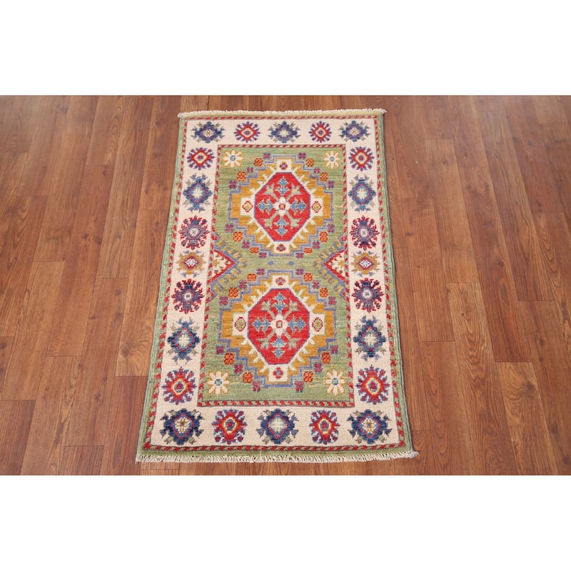 Green Kazak Oriental Accent Rug Hand-Knotted Wool Carpet - 1'11" x 3'1"