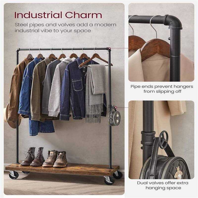 Industrial Pipe Style Rolling Garment Rack with Shelf - 15.1"D x 41.1"W x 63.8"H