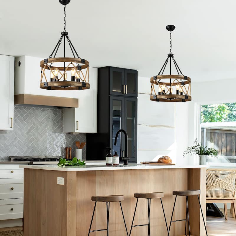 Oaks Aura Wooden Chandelier,Farmhouse Wood Pendant Light,Caged Light Height Adjustable Hanging Lamp for Living Room,Dining Room
