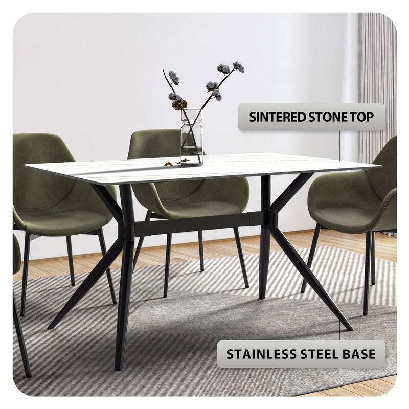 Elega Modern Contemporary Rectangular Glass/Sintered Stone Dining Table with Black Stainless Steel Base for Dining Room/Kitchen