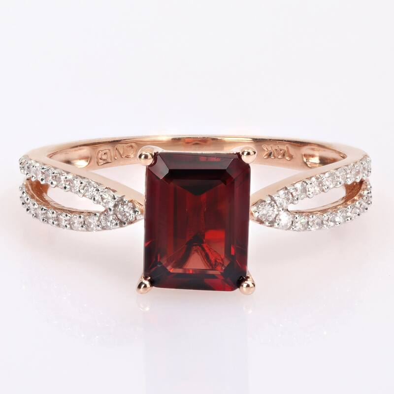 Miadora Octagon-cut Garnet and 1/5ct TDW Diamond Split Shank Cocktail Ring in 14k Rose Gold