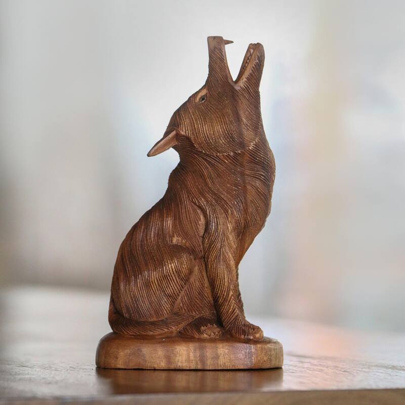 Novica Handmade Howling Wolf Wood Sculpture