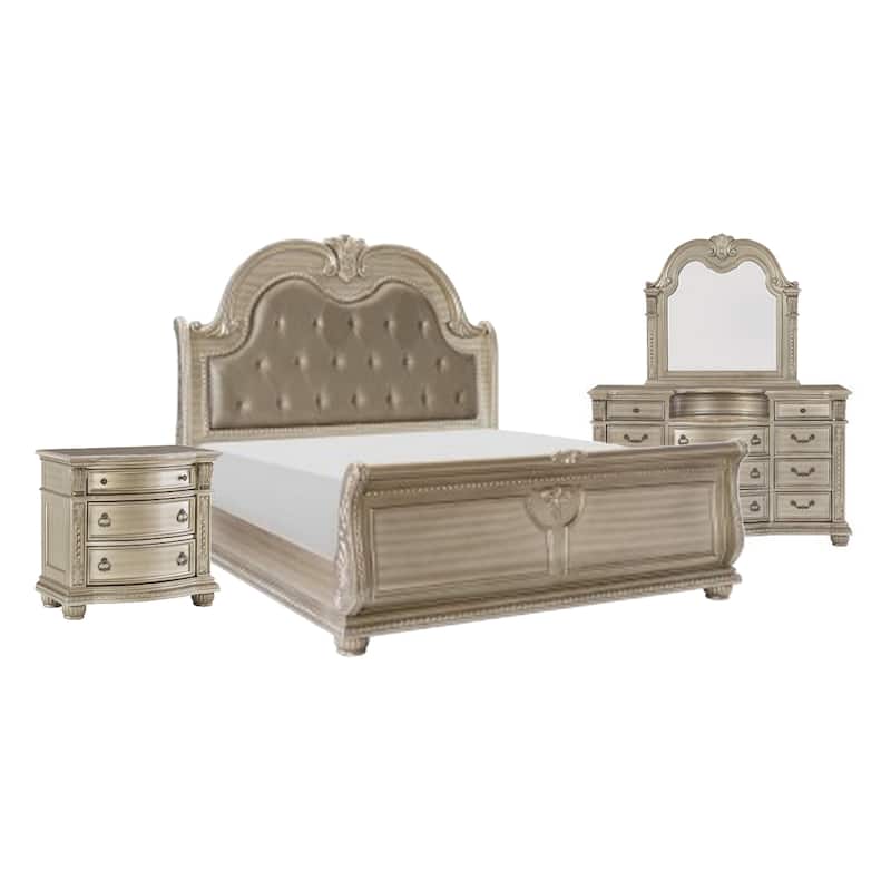 Caitlin Four Pc Queen Bedroom Set, Tufted Faux Leather Headboard, Marble Tops, Silver