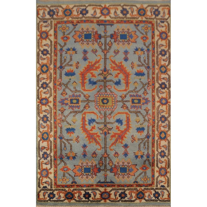 Floral Blue Oushak Oriental Rug Handmade Wool Carpet - 3'10"x 6'0"