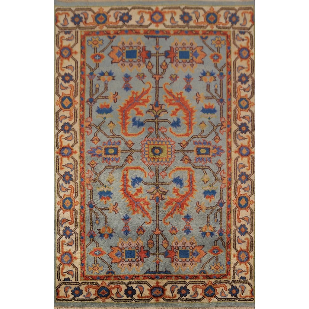 Floral Blue Oushak Oriental Rug Handmade Wool Carpet - 3'10"x 6'0"