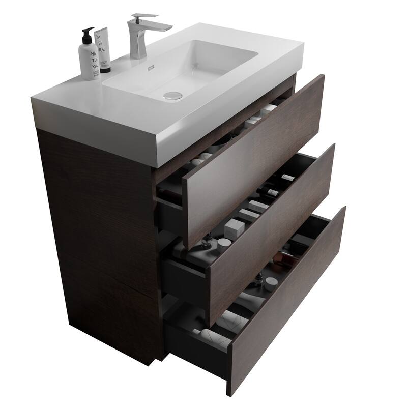 GDFStudio - Alice Walnut Freestanding Bathroom Vanity with One-Piece Matte Black Sink, Modern Handle-Free Design, Pre-Assembled