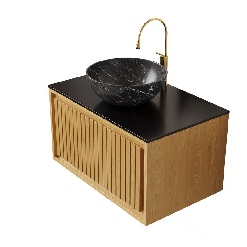 GDFStudio - Kolas Modern 30" Floating Bathroom Vanity, Corolla Oak Finish & Black Sintered Stone Countertop, WITHOUT Faucet